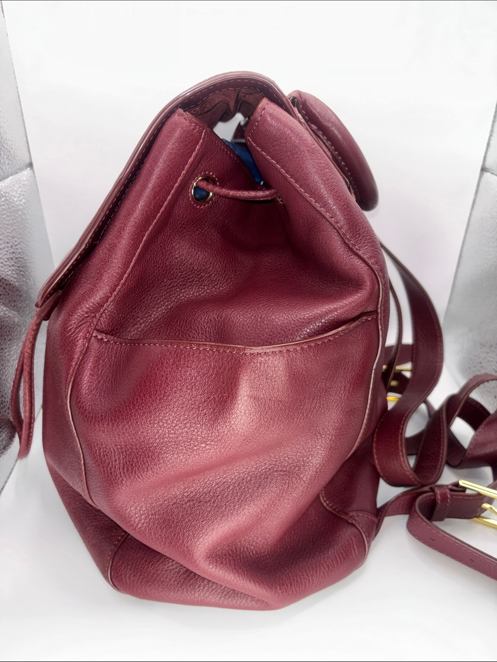 Tory Burch Wine Leather Drawstring Backpack with Gold Logo - Picture 7 of 16